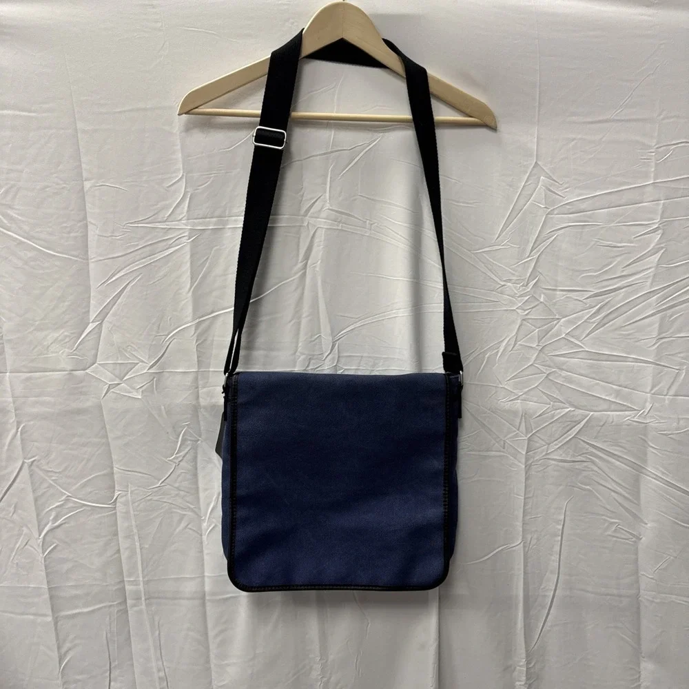 Levenger Messenger Bag Navy Blue‎ Canvas Leather Trim Adjustable Strap
